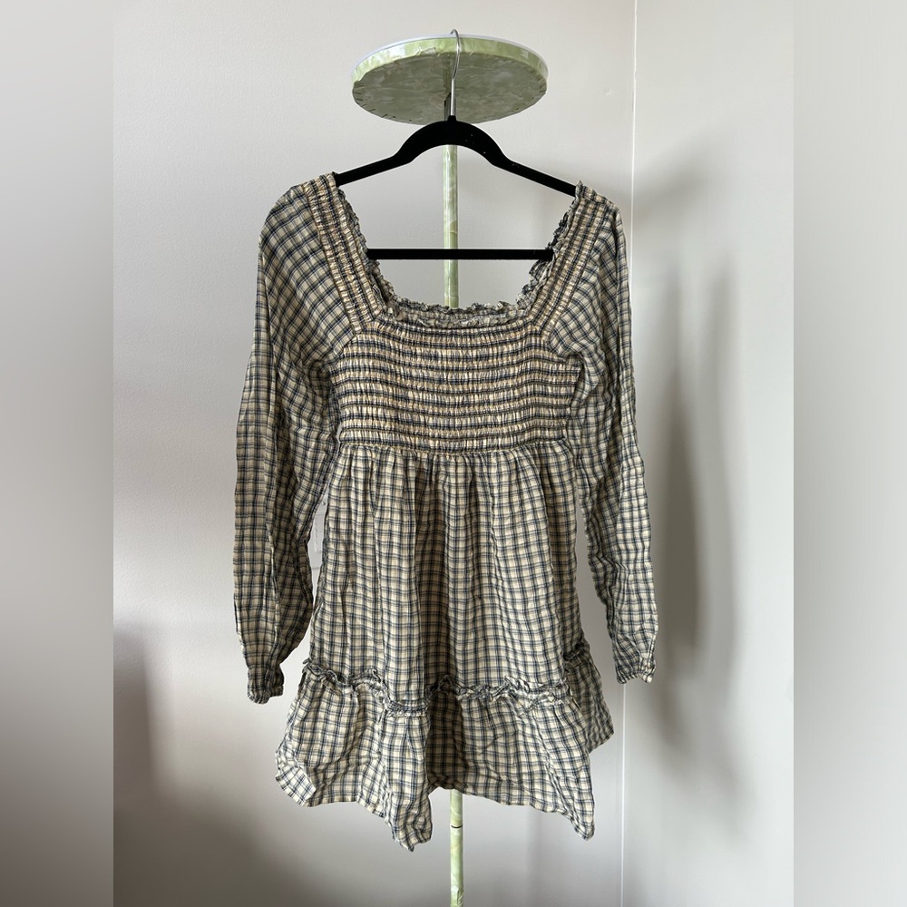 American Eagle Long-Sleeve Smocked Plaid Mini Dress